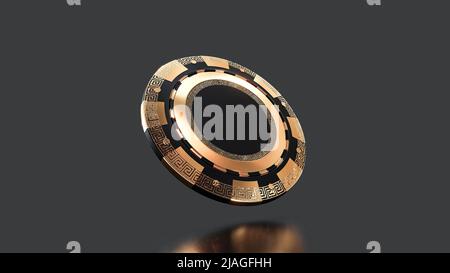 Casino-Chips und -Würfel auf dunkelschwarzem Hintergrund - 3D Render. Fliegender Chip für Online-Casinos und mobile Glücksspiel-Anwendungen, Poker - Gewinner, Reichtum c Stockfoto