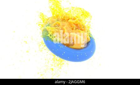 Spritzer Orangensaft gesunde Lebensmittel Flüssigkeit Tropfen fallen 3D Render Stockfoto