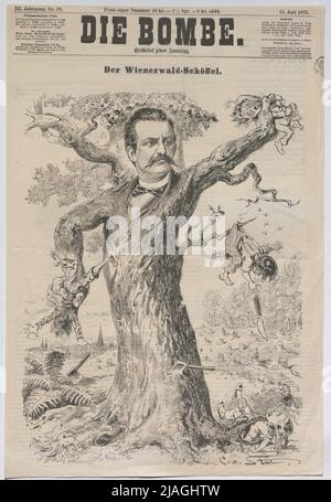 Der Wienerwald-Schöffel. '.' Der Wienerwald-Schöffel ': Joseph Schöffel als Baum, der Moritz Hirschl und Deimel aus den Vereinen hält, in: Die Bombe, Titelseite. Carl Angerer (1838-1916), Künstler, Carl von (1840-1905), Künstler Stockfoto