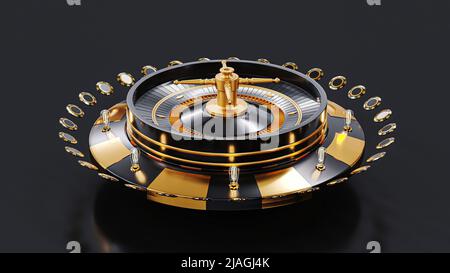 Roulette, Gold Black Poker Chip auf Roulette Poker Chip wirbelt um isoliert auf dunklem Hintergrund und Licht 3D Rendering. Stockfoto