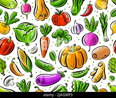 Frisches Gemüse nahtloses Muster. Vegetarische gesunde Farm Bio-Lebensmittel Hintergrund. Darstellung von Farbvektoren Stock Vektor
