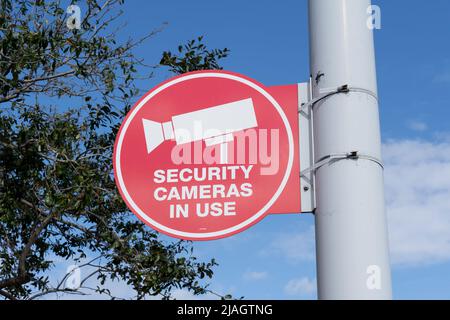 Ein rotes Schild mit der Aufschrift „Sicherheitskameras in Betrieb“ am Lichtmast mit einem Baum und blauem Himmel im Hintergrund. Stockfoto