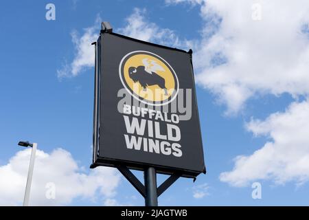 Orlando, FL, USA - 5. Januar 2022: Ein Buffalo Wild Wings Restaurant-Schild mit blauem Himmel im Hintergrund. Stockfoto