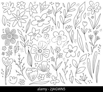 Großer Satz von Frühlingsblumen, Zweigen und Blättern isoliert auf weißem Hintergrund. Vektor-handgezeichnete Illustration im Doodle-Stil. Perfekt für Karten, Dekorationen, verschiedene Designs. Botanische Cliparts. Stock Vektor