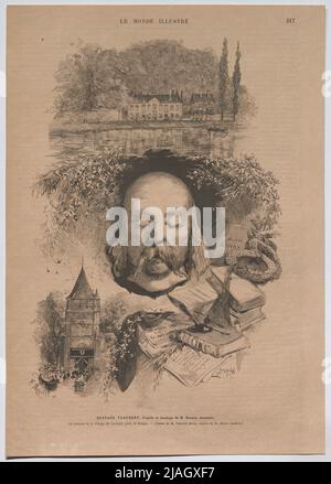 La Maison et Le Village de Croisset, Près de Rouen '. Totenmaske von Gustave Flaubert; sein Haus und das Dorf Croisset in der Nähe von Rouen (von 'Le Monde Illustré'). Fortuné Méaule (1844-1916), Xylograph Stockfoto