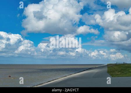 Der Seedeich bei Lauwersoog am Wattenmeer, Provinz Groningen, im Norden der Niederlande. Wolkenlandschaft. Stockfoto