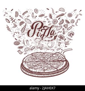 Pizza und Zutaten. Handgezeichnete Vorlage für das Pizzeria-Menü. Set von italienischen Küche Produkte. Vektorgrafik Stock Vektor