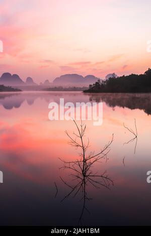 Landschaft des tropischen Sees während des Sonnenaufgangs, dramatische Wolken und Sonnenaufgangshimmel Reflexion auf dem See, Morgennebel bedeckt Berge im Hintergrund. Stockfoto