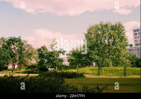 Ruhiger Park - verschiedene Grüntöne in Europa während des sonnigen Urlaubs Stockfoto