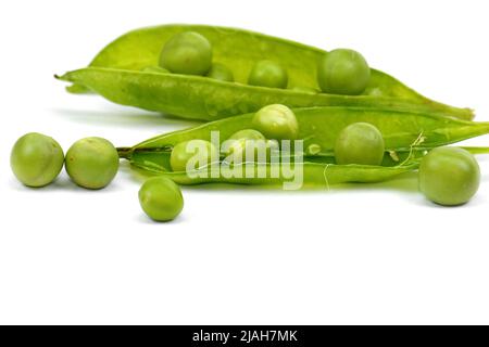 Frische Erbsen pod mit Bohnen auf weißem Hintergrund. Horizontales Design Element mit Freistellungspfad Stockfoto