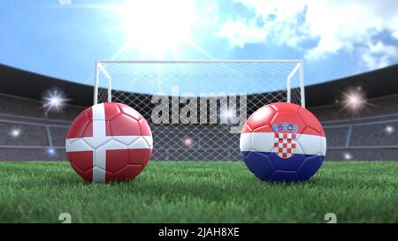 Zwei Fußballbälle in Flaggen-Farben auf Stadion verschwommener Hintergrund. Dänemark und Kroatien. 3D Bild Stockfoto