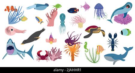 Unterwasser-Set mit isolierten flachen Cartoon-Stil Bilder von Tiefseefischchen Muschelschildkröten und Quallen Vektorgrafik Stock Vektor