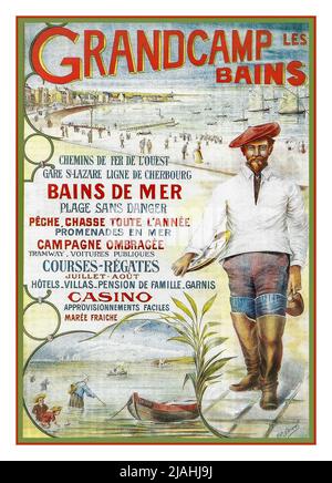 Vintage 1900s Französische Küstenreisenattraktionen Poster 'Grandcamp les Bains' Chemins de Fer de l'ouest. Bains De Mer Urlaub Reisen Sie mit dem Zug über den Gare St Lazare Ligne de Cherbourg an die französische Küste Stockfoto