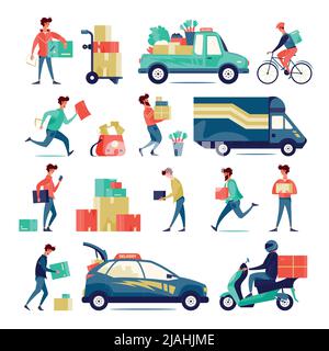 Flacher Satz von Symbolen mit Lieferung Männer Fahrzeuge Boxen isoliert auf weißem Hintergrund Vektor-Illustration Stock Vektor