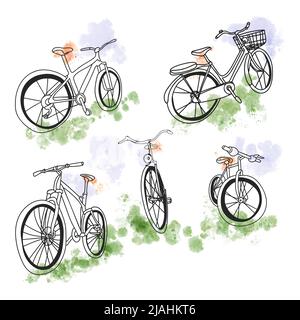 Doodle Stil Fahrrad-Set mit Aquarell-Hintergrund, verschiedene Modelle und Winkel von Fahrrädern auf grünem Gras, Vektor-Illustration Stock Vektor