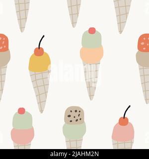 Sommerliche Speisen mit nahtlosem Muster und koklorful Eiscreme. Hand verliebten niedlichen Kinder Textil, Stoff-Design mit Obst und Lebensmittel. Handgezeichneter Vektor Stock Vektor