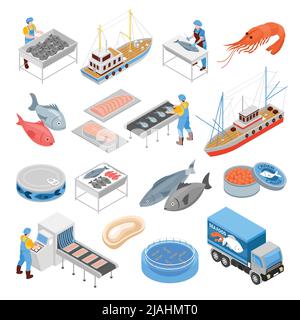 Fischerei Produktion isometrischer Satz von Schiffen Seefutter Lieferung LKW-Förderer für die Verarbeitung von Fischprodukten isoliert Vektor-Illustration Stock Vektor