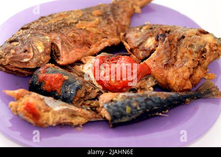 Meeresfrüchte-Küche von verschiedenen Fischen, gebraten Nil Tilapia Fische Oreochromis niloticus gebraten in Fritteuse mit Makrelen pelagischen Fisch scombidae hergestellt Stockfoto