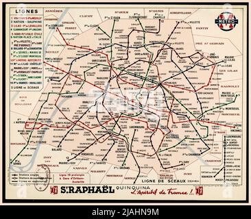 1939 Paris Metro Kartenführer Métro. Plan officiel du réseau... distribué gratuitement dans toutes les Stations . Compagnie du chemin de fer métropolitain de Paris. Karte der Pariser Métro. Bei Ausbruch des Zweiten Weltkriegs WW2 Transport-Stadt Frankreich U-Bahn-Netzwerk Archiv KarteDate 1939 Gesponsert von St Raphael Quinquina L'Aperitif de France Stockfoto