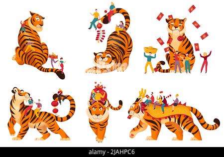Tiger chinesischen Sternzeichen lustige Wohnung mit Tieren glücklich Menschen halten traditionelle Feiertage Dekorationen isoliert Vektor-Illustration Stock Vektor