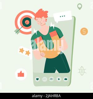 Flache Werbung mit Werbung in sozialen Netzwerken. Starkes Influencer-Marketing ist wie ein Magnetfeld. Online-Konzept. Social-Media-Marketing. Bus Stock Vektor