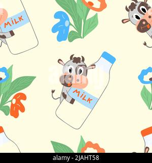 Milchtag. Süße Kuh mit einer Flasche Milch und Blumen. Der 1. Juni ist ein Feiertag. Nahtlose Illustration. Textil, Tapete oder Design. Vektor. Stock Vektor