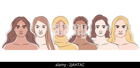 Multiethnisches Beauty-Design-Konzept mit einem Satz von Frauen Porträts von verschiedenen Nationalitäten Rassen und Kulturen flache Vektor-Illustration Stock Vektor