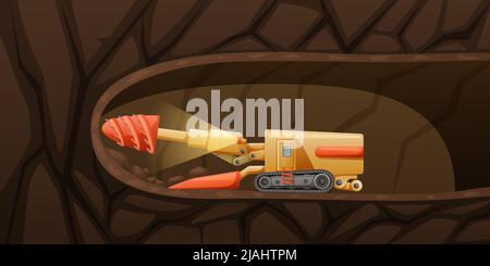 Bergbau Bergmann Cartoon-Komposition mit Profilansicht der U-Bahn mit Bohrmaschine macht Tunnel durch Boden Vektor-Illustration Stock Vektor