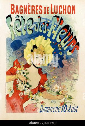 Französisches Vintage-Plakat, das ein Blumenfest (Fete des Fleurs) in den bagneres de Luchon, Frankreich, von Jules Chéret 1895 wirbt Stockfoto