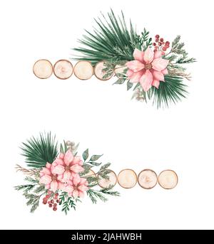 Aquarell Weihnachtsbaum Rahmen mit Poinsettia Blumen und Holzscheibe Dekoration Cliparts, Winter Kranz Illustration, nette Feiertage Grenze Dekor c Stockfoto