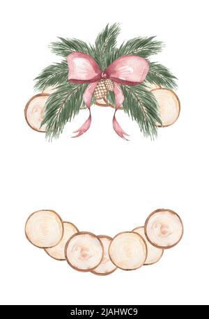 Aquarell Weihnachtsbaum Rahmen mit Poinsettia Blumen und Holzscheibe Dekoration Cliparts, Winter Kranz Illustration, nette Feiertage Grenze Dekor c Stockfoto