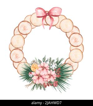 Aquarell Weihnachtsbaum Rahmen mit Poinsettia Blumen und Holzscheibe Dekoration Cliparts, Winter Kranz Illustration, nette Feiertage Grenze Dekor c Stockfoto