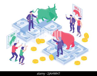 Isometrisches Konzept von Finanz- und Börsenbullen vs. Bären mit menschlichen Charakteren und Geld-3D-Vektordarstellung Stock Vektor