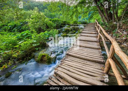 Plitvice, Kroatien - Holzsteg im Nationalpark Plitvicer Seen an einem hellen Sommertag mit kristallklarem türkisfarbenem Wasser, kleinen Wasserfällen und gre Stockfoto