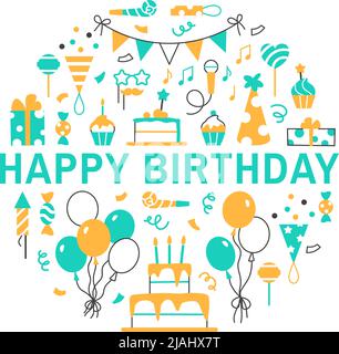 Happy Birthday Farbe flache Linie Kreis Konzept. Stock Vektor