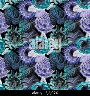 Protea Nahtloses Muster. Aquarell realistische Blüten von protea und Anthurium. Illustration Tapete. Stoffdruck Stockfoto