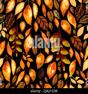 Herbst Blätter Aquarell nahtlose Muster. Dunkler Hintergrund. Vektorgrafik Stock Vektor