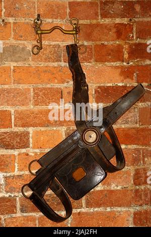 Ein altes Ledergeschirr, das an einer Wand hängt Stockfoto