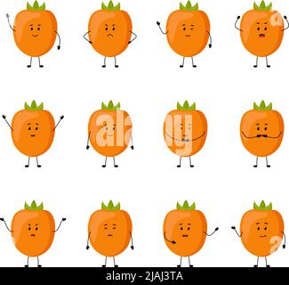 Persimmon. Niedliche Fruchtfiguren mit verschiedenen Emotionen, Vektorgrafik Stock Vektor