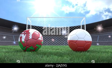 Zwei Fußballbälle in Flaggen-Farben auf Stadion verschwommener Hintergrund. Wales und Polen. 3D Bild Stockfoto