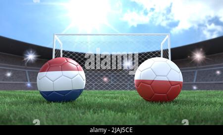 Zwei Fußballbälle in Flaggen-Farben auf Stadion verschwommener Hintergrund. Niederlande und Polen. 3D Bild Stockfoto