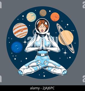 Astronautin, die in der Lotushaltung meditiert. Sonnenplaneten und Sterne auf dem Hintergrund. Space Yoga Vektor Illustration. Stock Vektor