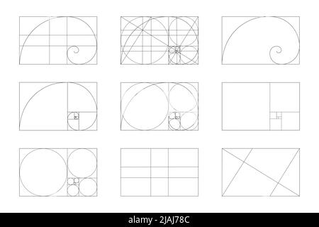 Vorlagensatz „Goldenes Verhältnis“. Fibonacci-Sequenzzeichen. Logarithmische Spirale im Rechteckrahmen, die auf Linien, Quadraten und Kreisen umrahmet ist. Layout mit idealen Symmetrieproportionen. Vektorgrafik Stock Vektor