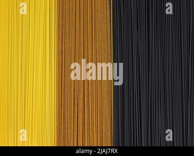 Verschiedene Arten von Spaghetti Draufsicht. Italienische rohe Pasta aus der Nähe. Spaghetti Hartweizen Hintergrund. Schwarze, braune und gelbe ungekochte Paste. Ingredie Stockfoto