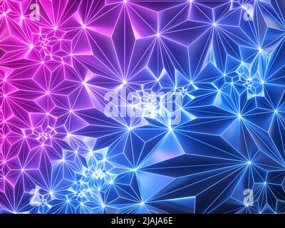 3D Render, rosa blauer neon geometrischer Hintergrund, polygonales Netz, Gitter, leuchtendes Licht, kristallisierte facettierte Textur, Moderne Mode-Tapete Stockfoto