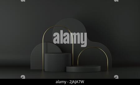 3D Render, minimalistischer schwarzer Hintergrund. Abstrakte Elemente. Leerer Zylinder Podium, leerer Sockel, runde Bühne, Vitrinenstand, Stockfoto