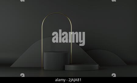 3D Render, minimalistischer schwarzer Hintergrund. Abstrakte Elemente. Leerer Zylinder Podium, leerer Sockel, runde Bühne, Vitrinenstand, Stockfoto