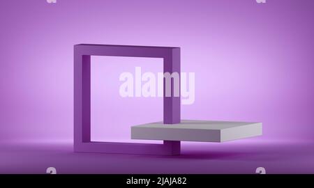3D Render abstrakter violetter geometrischer Hintergrund, modernes Minimalkonzept. Quadratischer isometrischer Rahmen mit Platz für Kopien, leere Regale für die Produktanzeige, Stockfoto