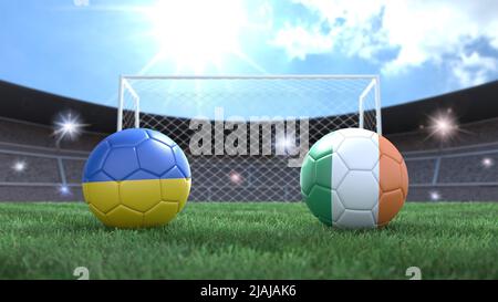 Zwei Fußballbälle in Flaggen-Farben auf Stadion verschwommener Hintergrund. Ukraine und Irland. 3D Bild Stockfoto
