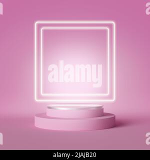 3D Render, digitale Illustration. Moderne minimal rosa Hintergrund glühenden Neon-Rahmen Kopie Raum. Abstraktes geometrisches Design. Modekonzept. Stockfoto